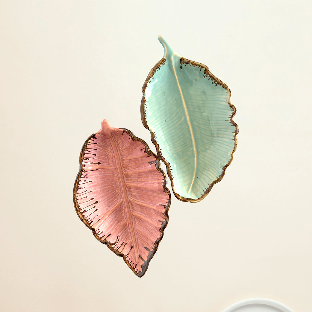 Ceramic Pink &amp; Green Leaf Shaped Serving Tray Set of 2