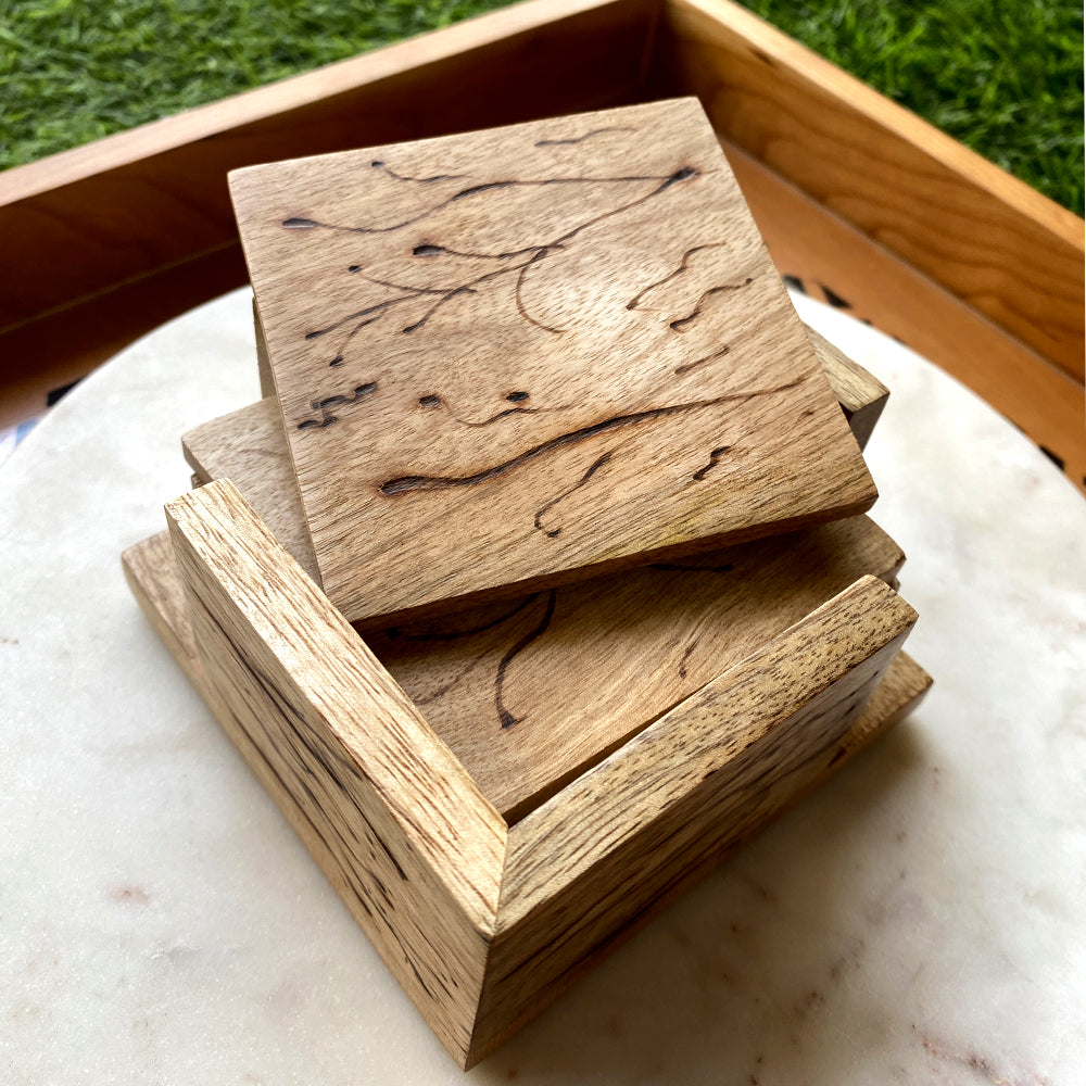 Fancy Wooden Coasters with Wooden Coaster Holder- Set of 6