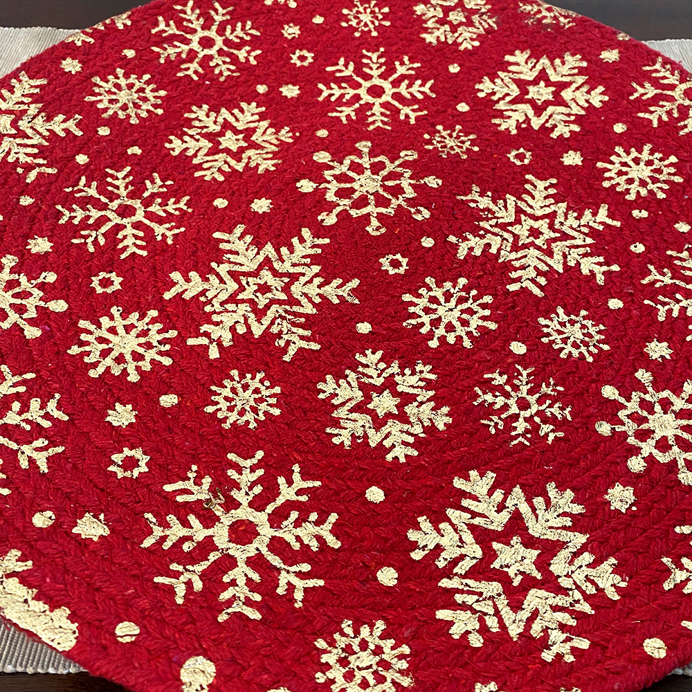 Round Printed Cotton Red Table Mat - Set of 2