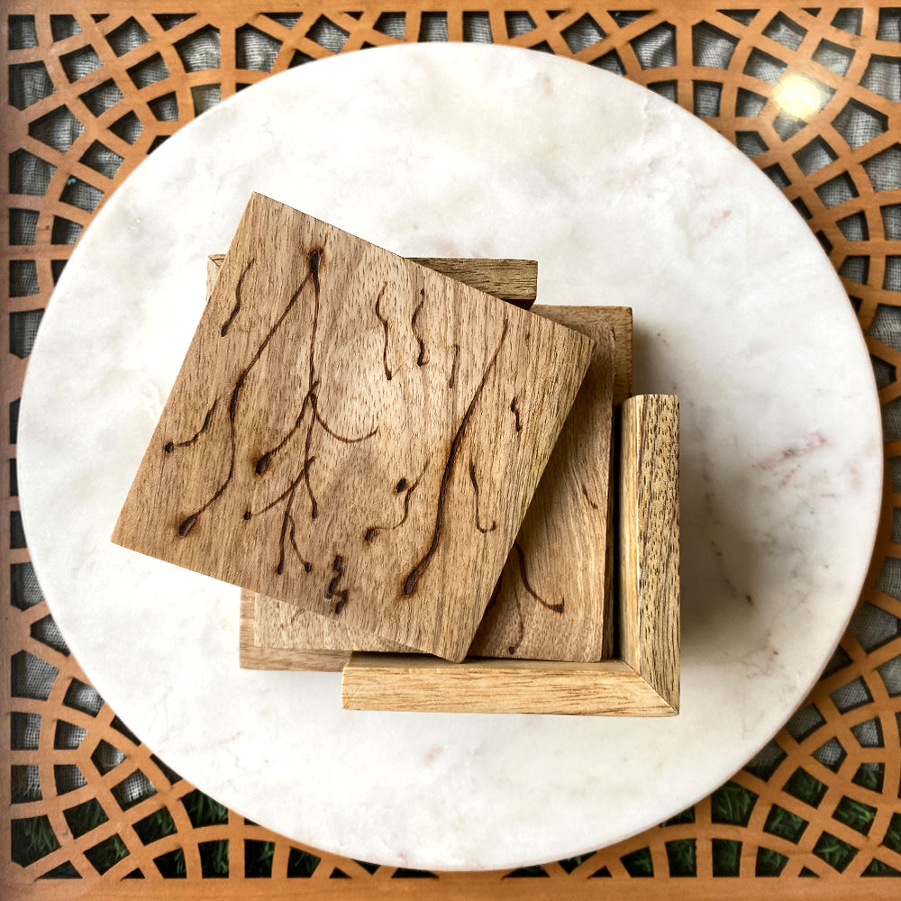 Fancy Wooden Coasters with Wooden Coaster Holder- Set of 6