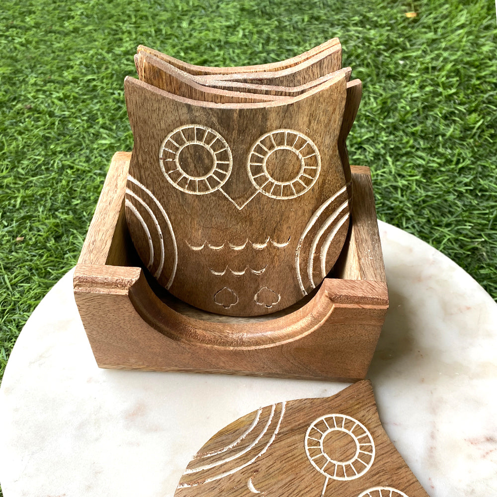 Wooden Owl Shaped Coasters- Set of 6