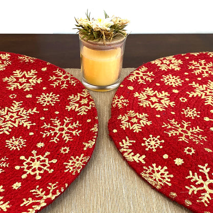 Round Printed Cotton Red Table Mat - Set of 2