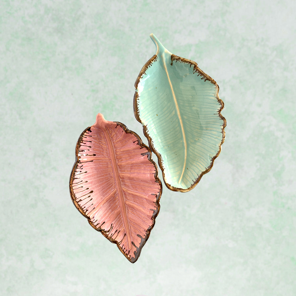 Ceramic Pink &amp; Green Leaf Shaped Serving Tray Set of 2