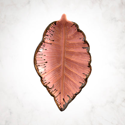 Ceramic Pink &amp; Green Leaf Shaped Serving Tray Set of 2