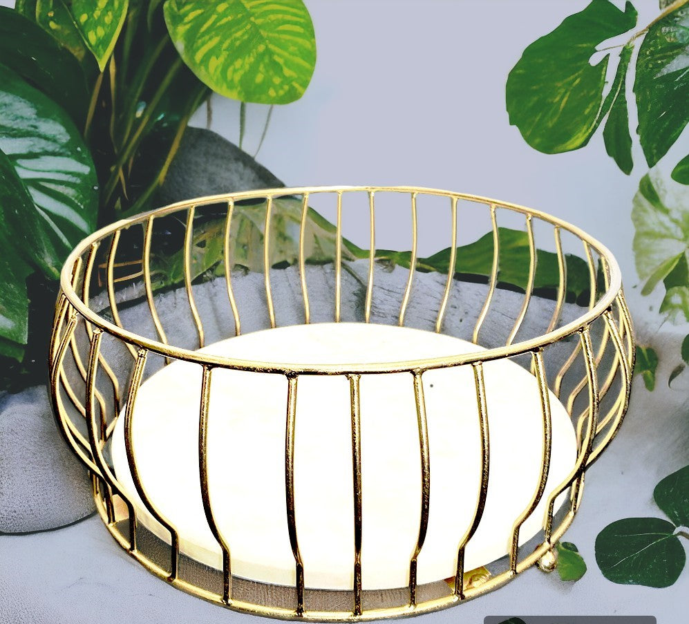 Golden Metal Round Marble Fruit Basket