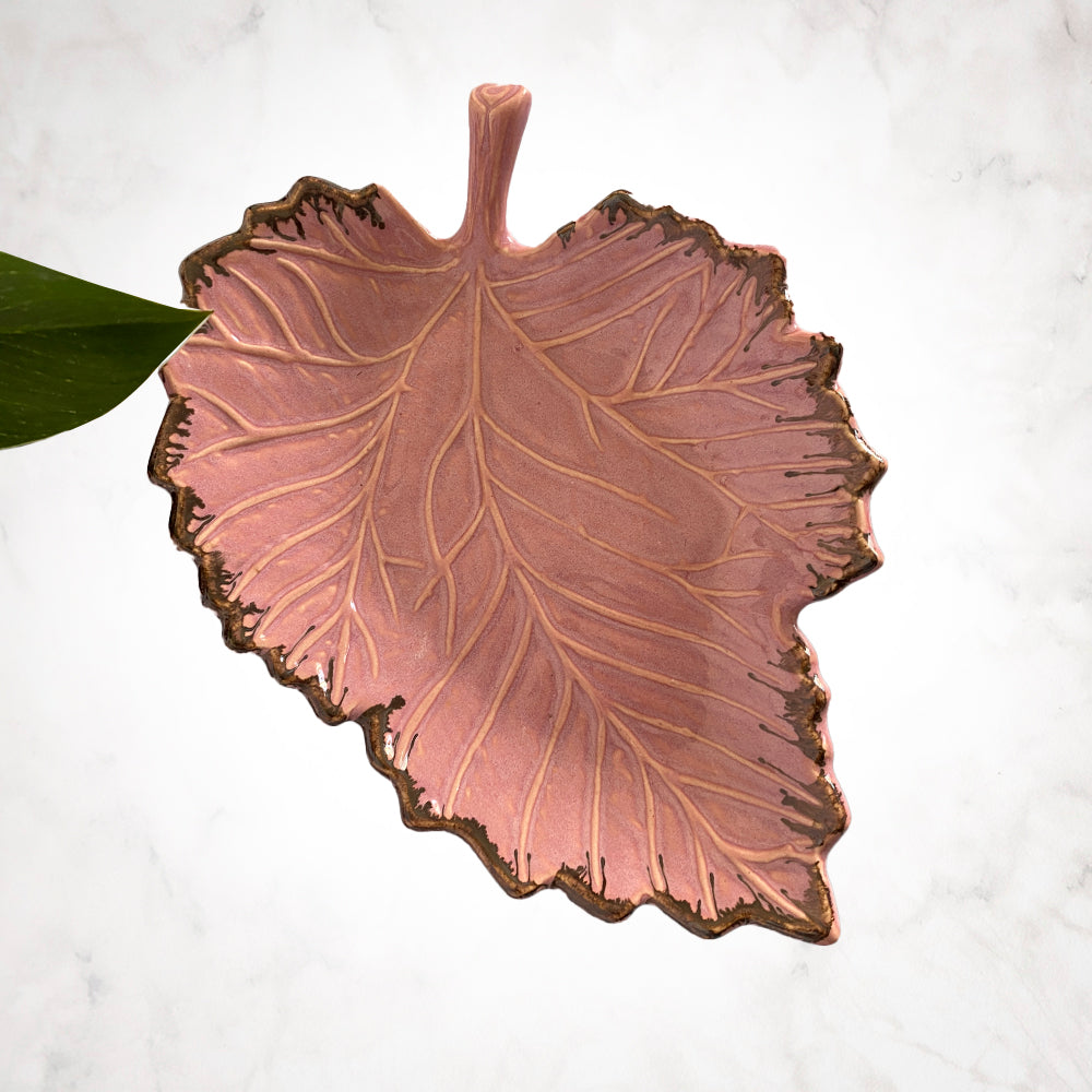 Tropical Pink Leaf Shaped Ceramic Tray