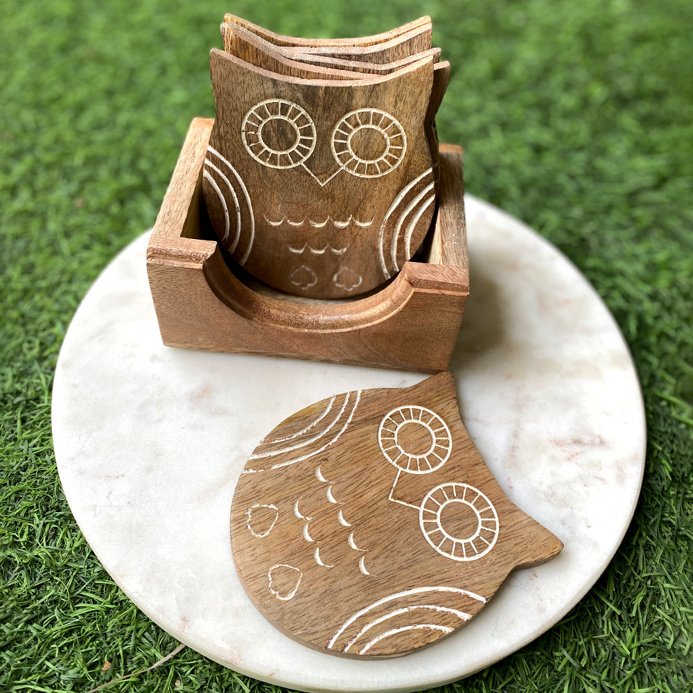 Wooden Owl Shaped Coasters- Set of 6