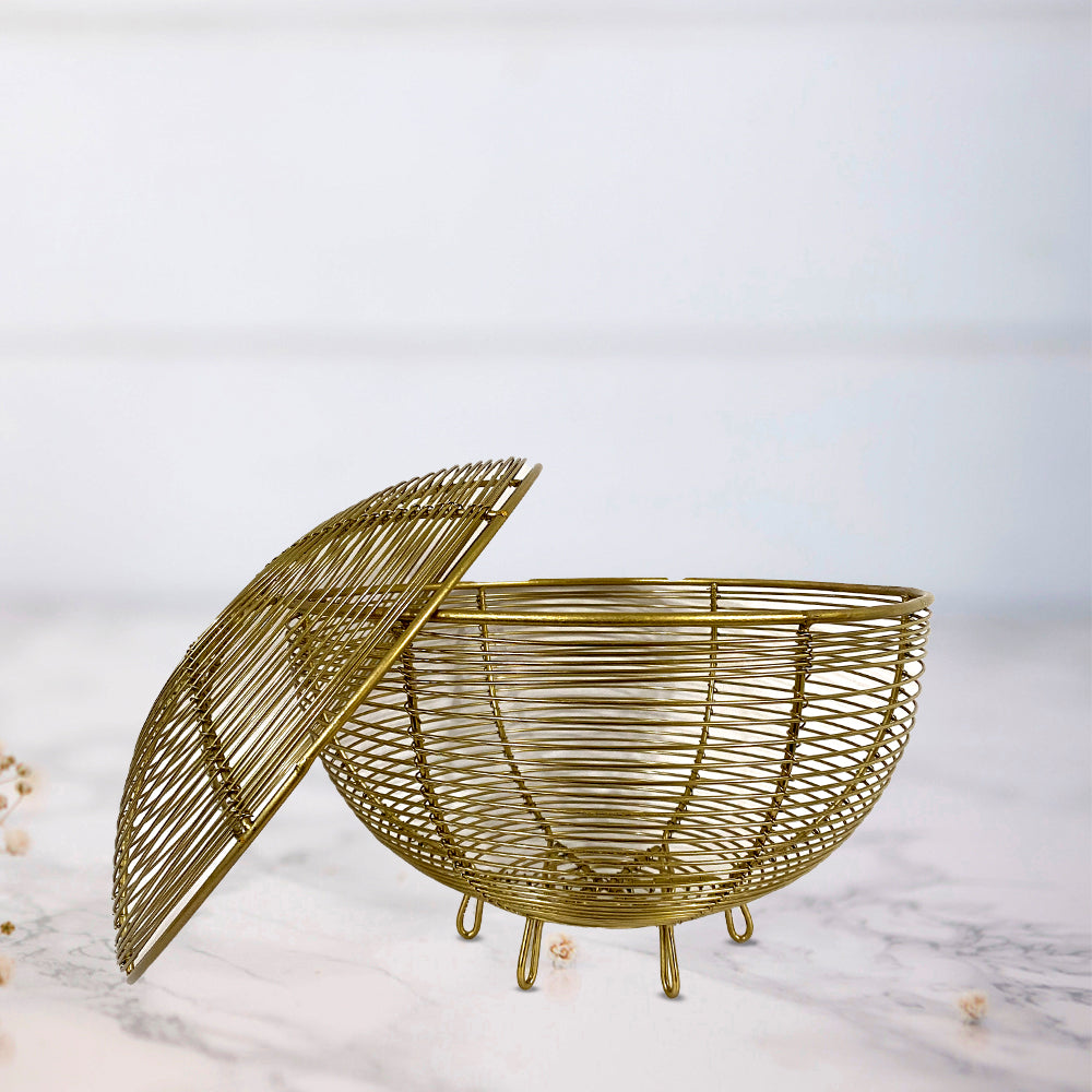 Golden Metal Fruit and Vegetable Basket with Lid