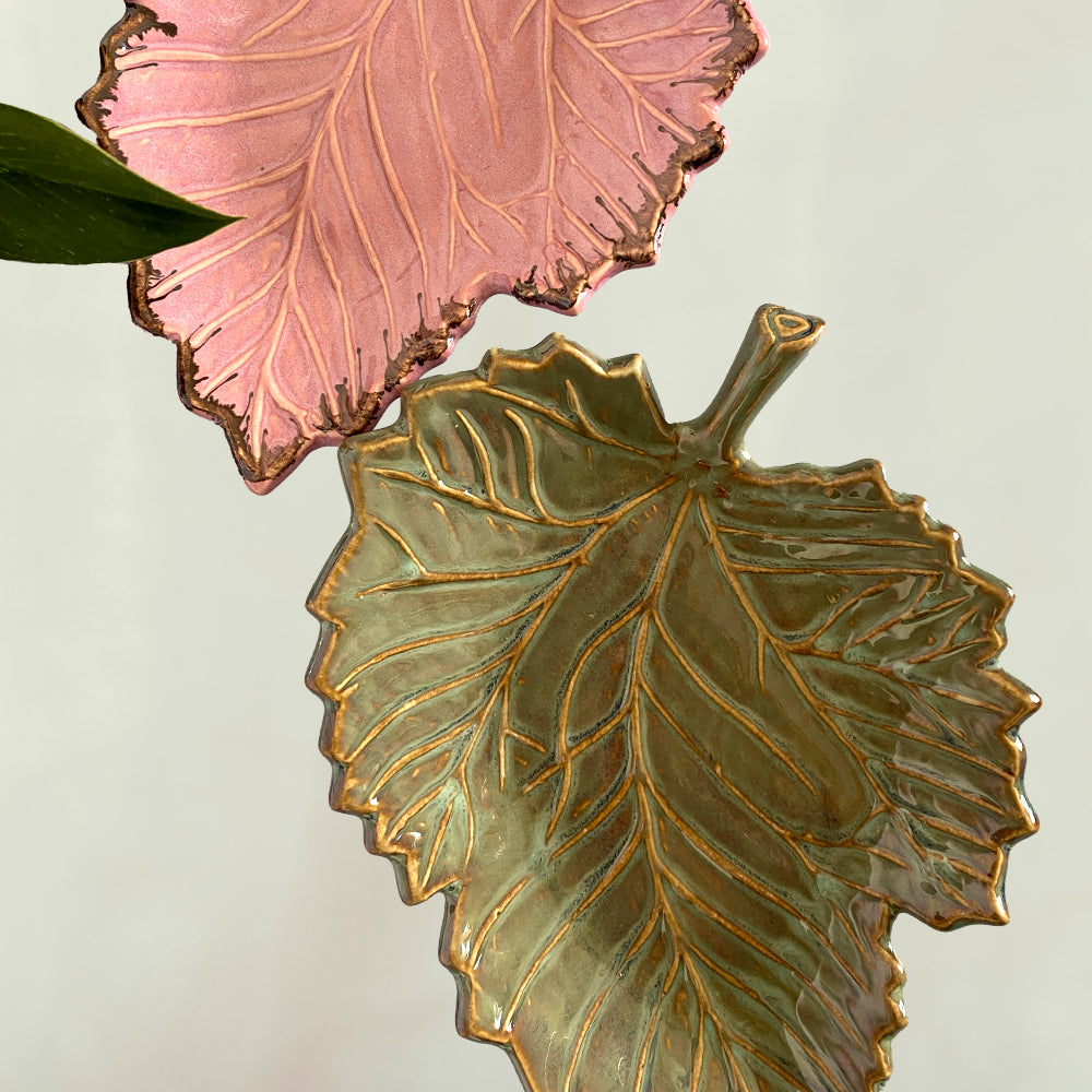 Tropical Pink &amp; Green Leaf Shaped Ceramic Tray Set of 2