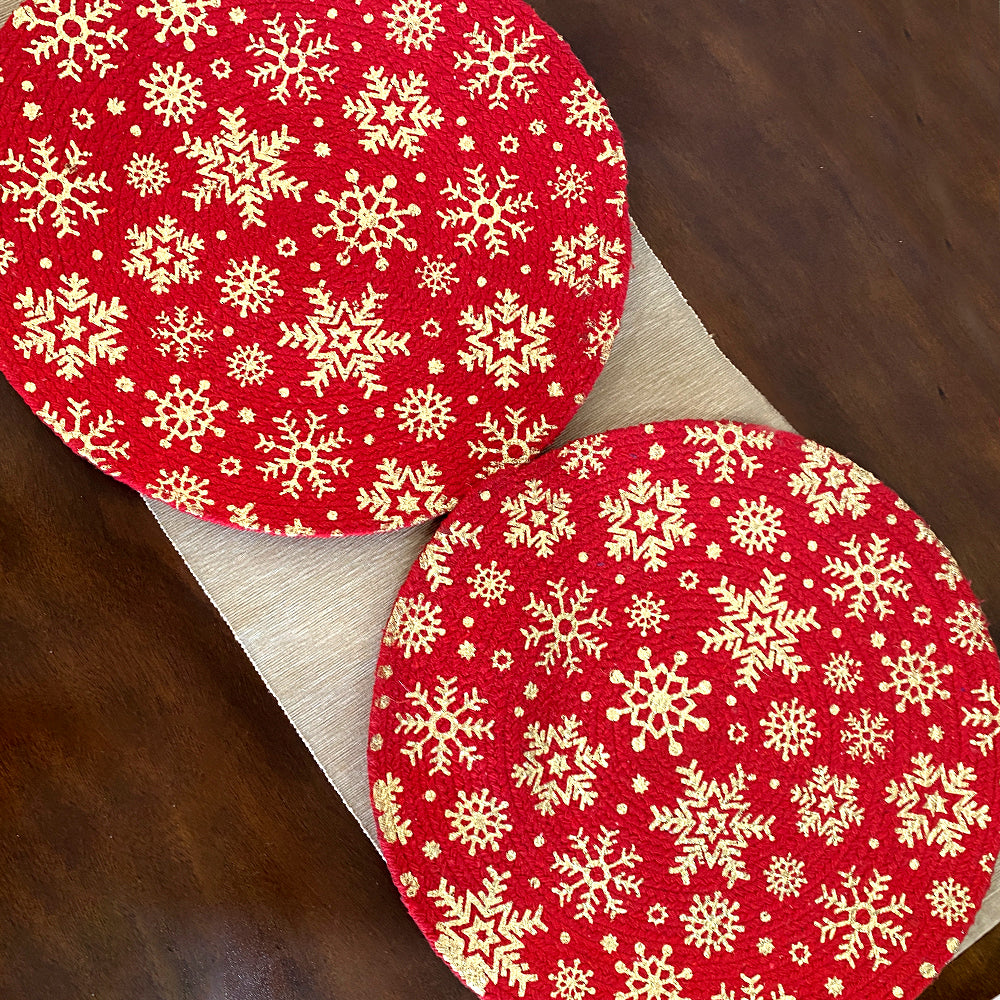 Round Printed Cotton Red Table Mat - Set of 2