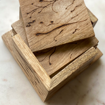 Fancy Wooden Coasters with Wooden Coaster Holder- Set of 6