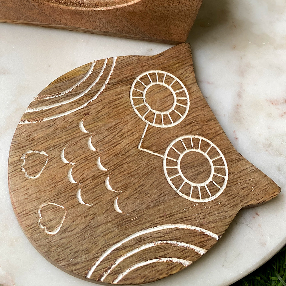 Wooden Owl Shaped Coasters- Set of 6