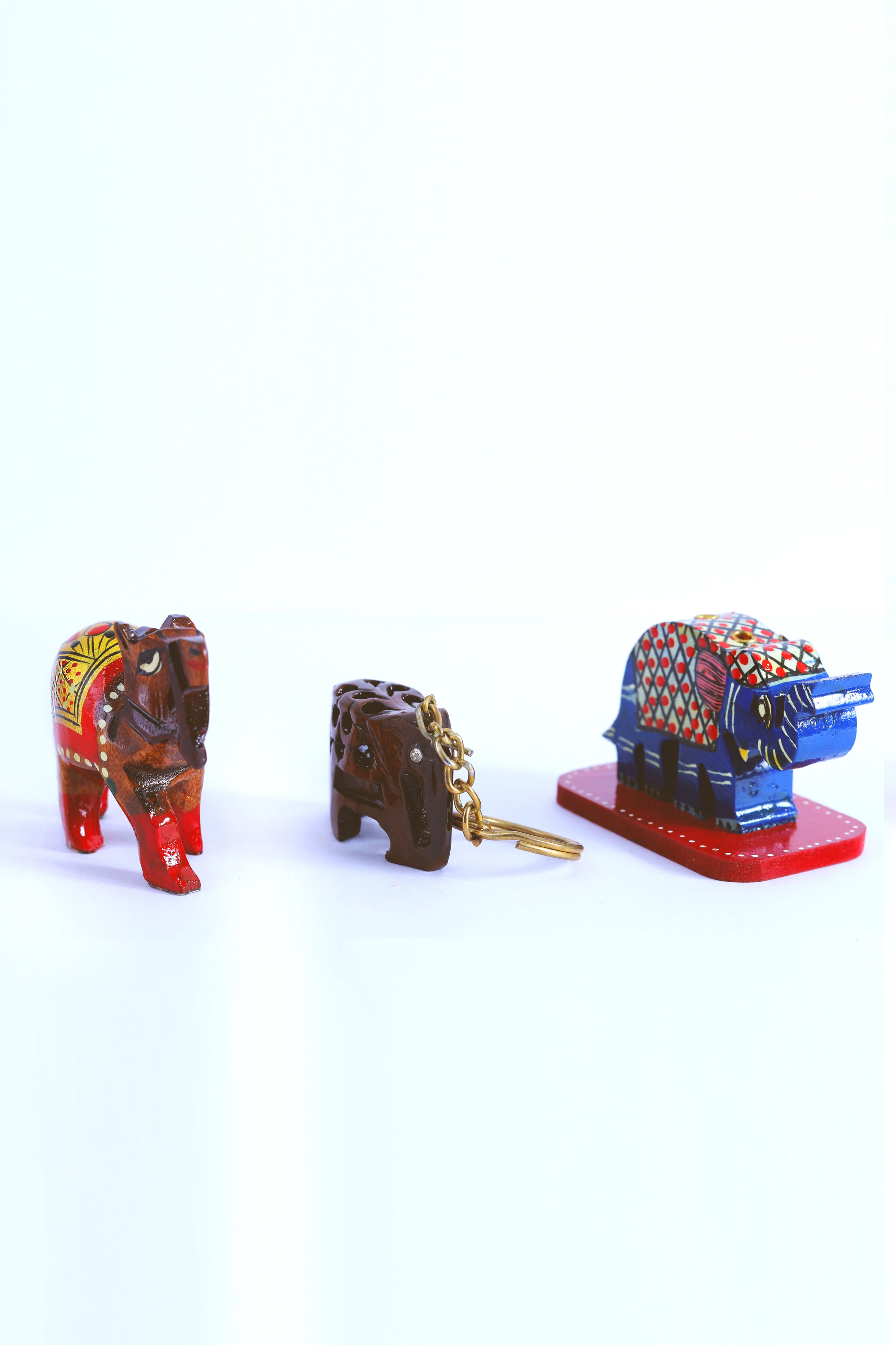 Woodcraft Charm Trio – Camel Showpiece, Elephant Key Chain, Elephant Incense Stick Holder