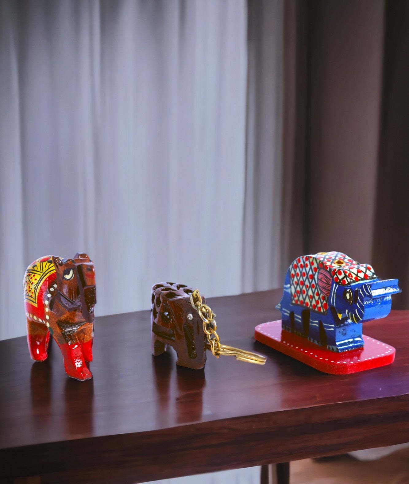 Woodcraft Charm Trio – Camel Showpiece, Elephant Key Chain, Elephant Incense Stick Holder