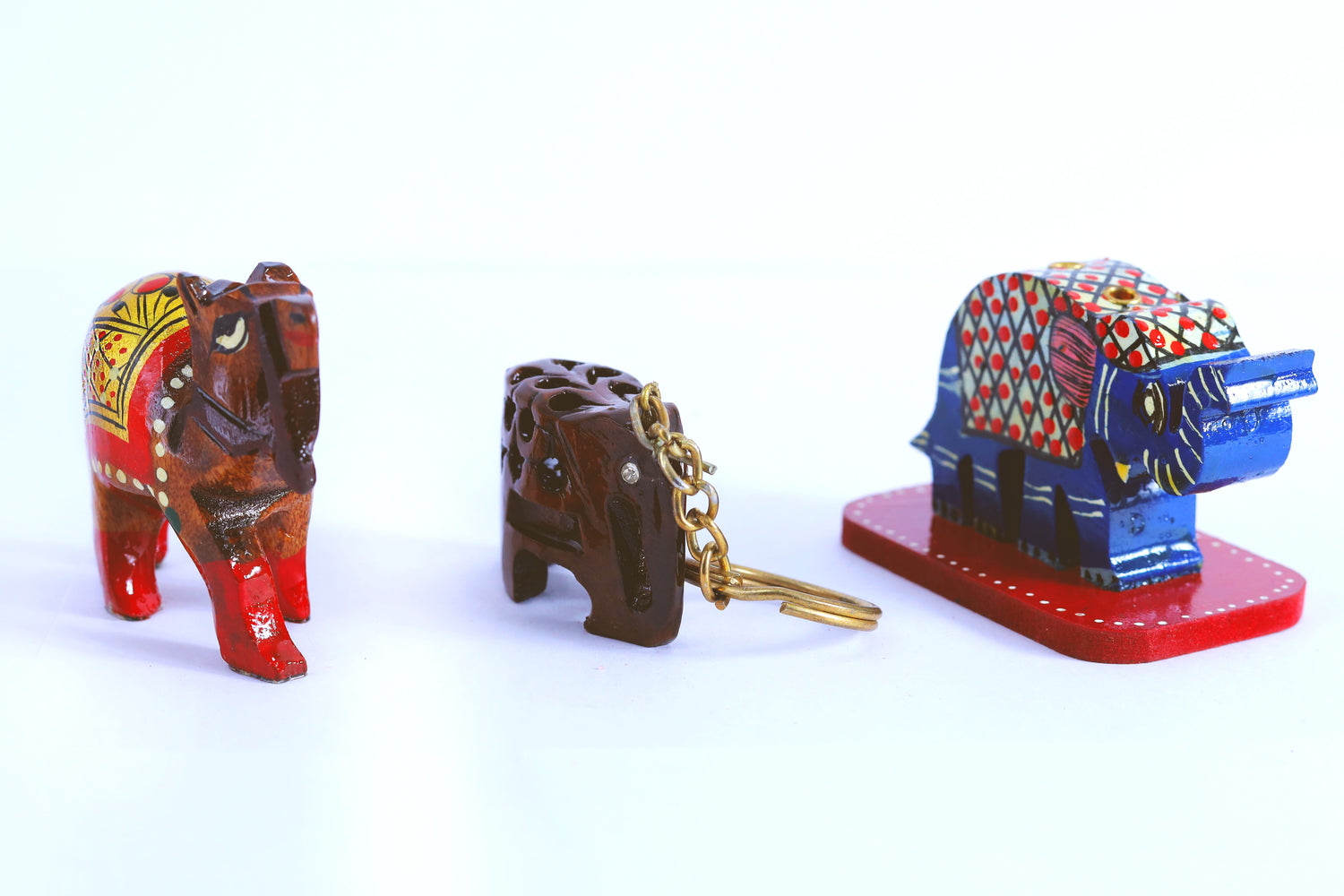 Woodcraft Charm Trio – Camel Showpiece, Elephant Key Chain, Elephant Incense Stick Holder