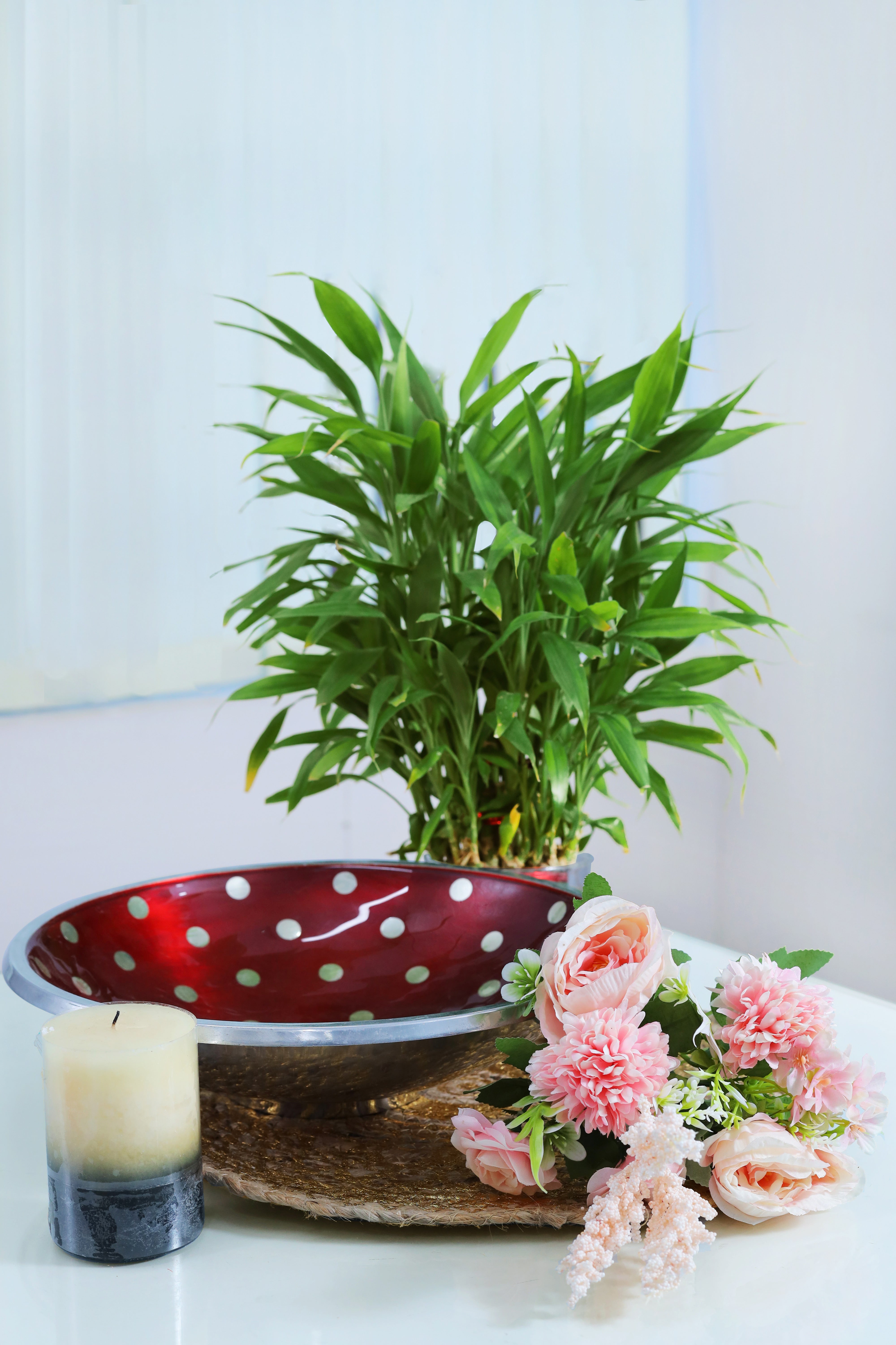 Vibrant Bloom Red Polka Dots Aluminum Elegance Urli Bowl