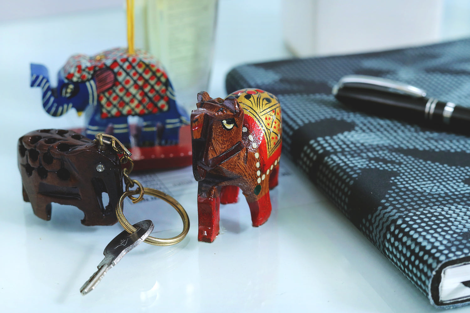 Woodcraft Charm Trio – Camel Showpiece, Elephant Key Chain, Elephant Incense Stick Holder