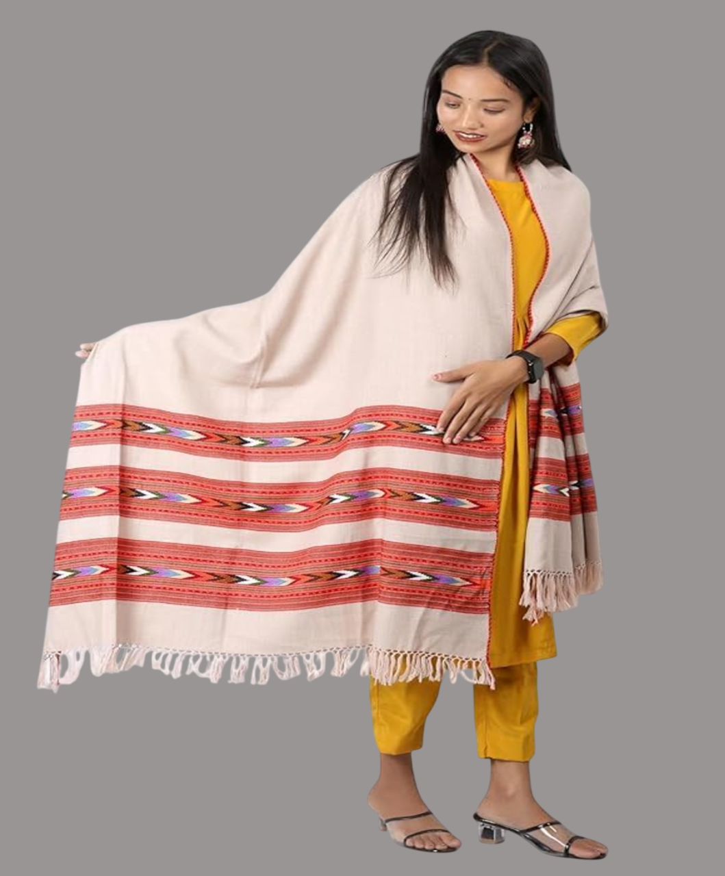 Pure Woollen Kullu Beige Shawl – Embroidered Teen Patti Design