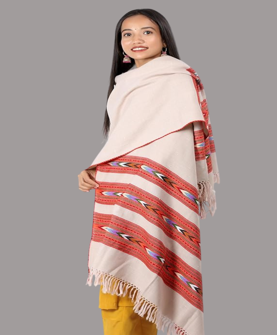 Pure Woollen Kullu Beige Shawl – Embroidered Teen Patti Design