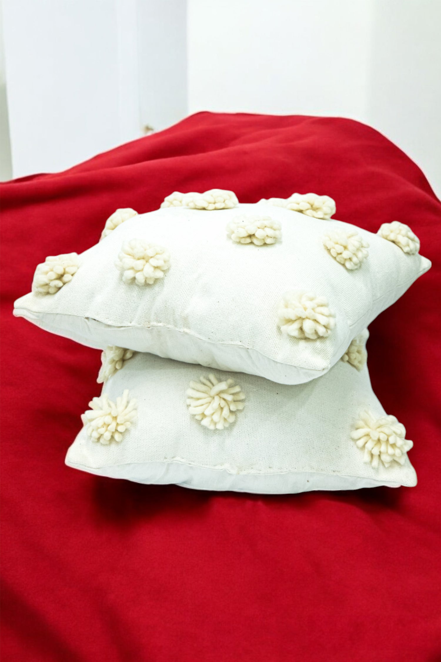 Off-White Decorative Tufted Cotton Cushion with Cover - Set of 2