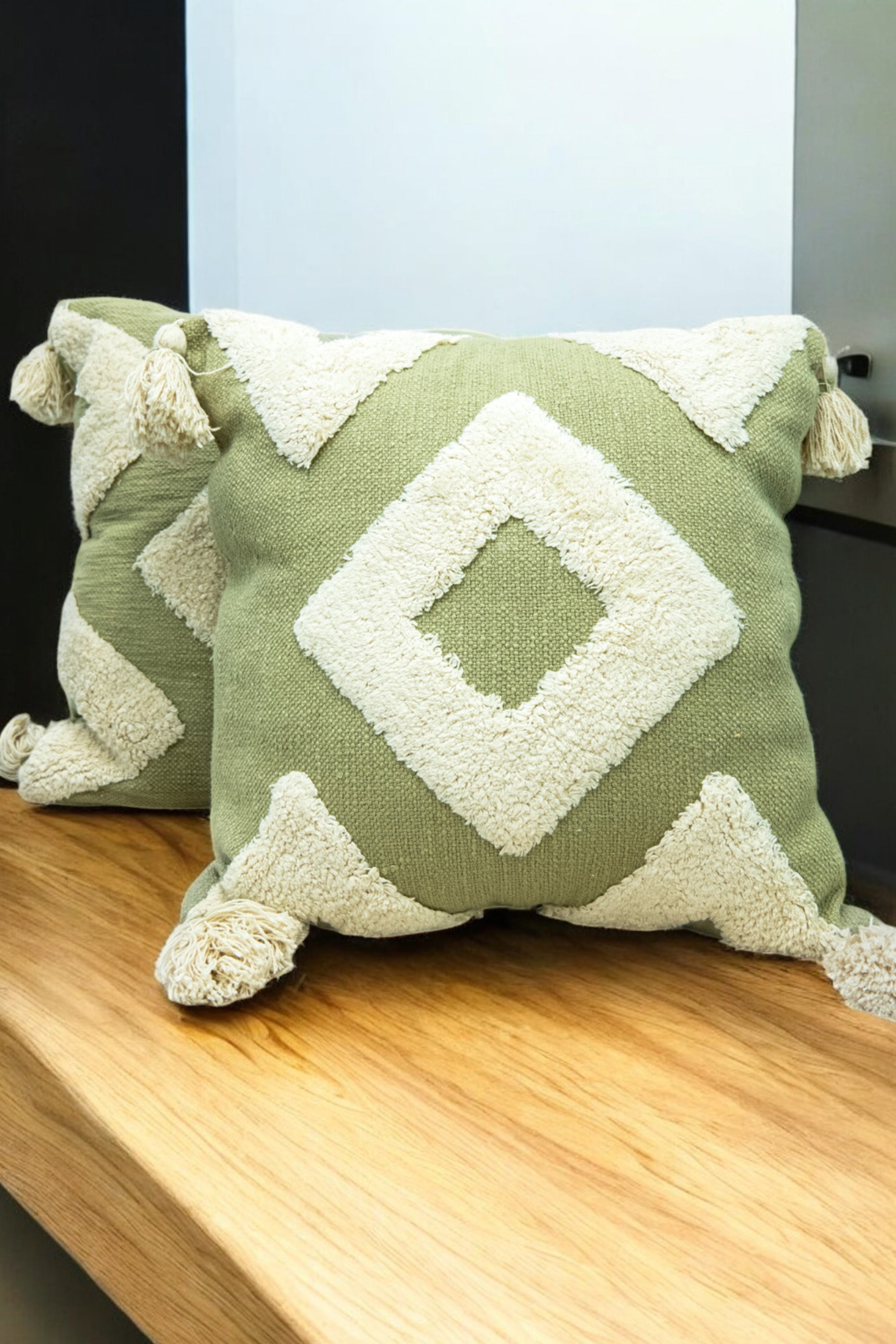 Green Decorative Tufted Cotton Cushion with Cover Set of 2 Shoogloo Mart