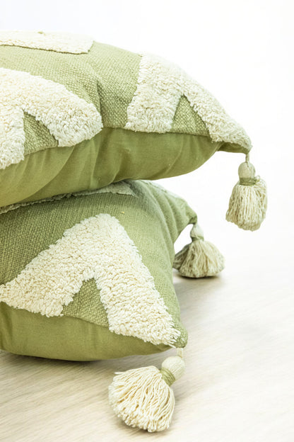 Green Decorative Tufted Cotton Cushion with Cover - Set of 2