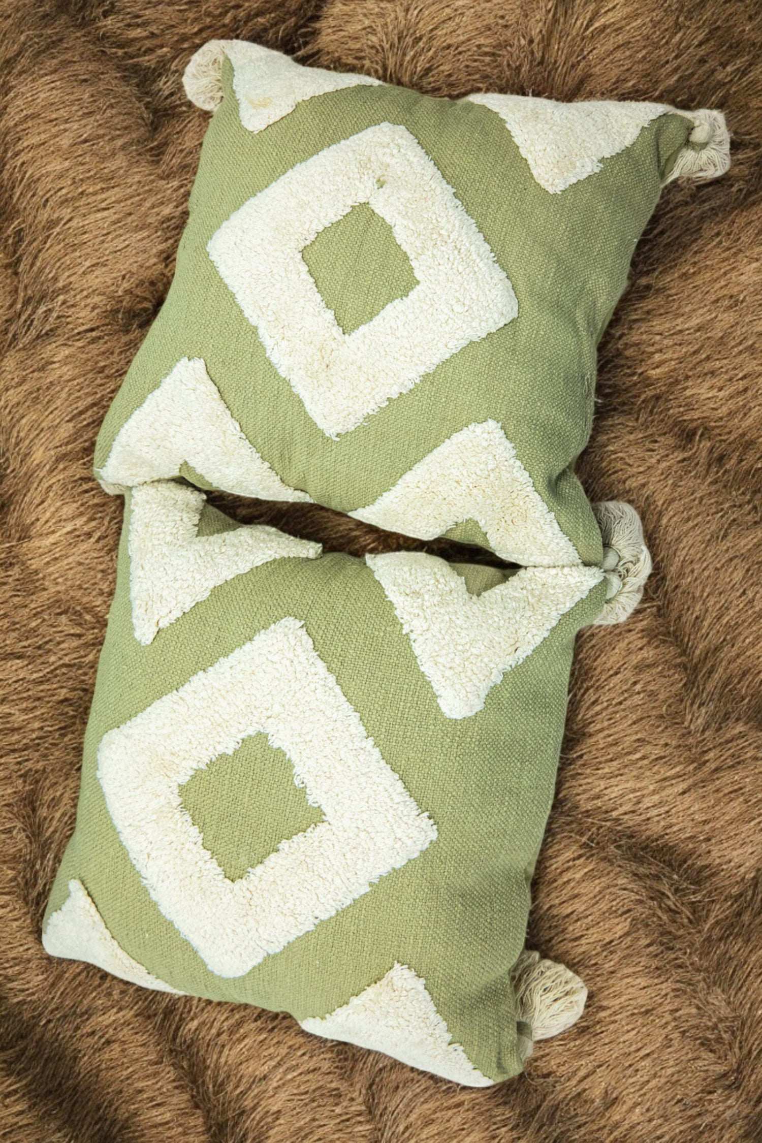 Green Decorative Tufted Cotton Cushion with Cover - Set of 2