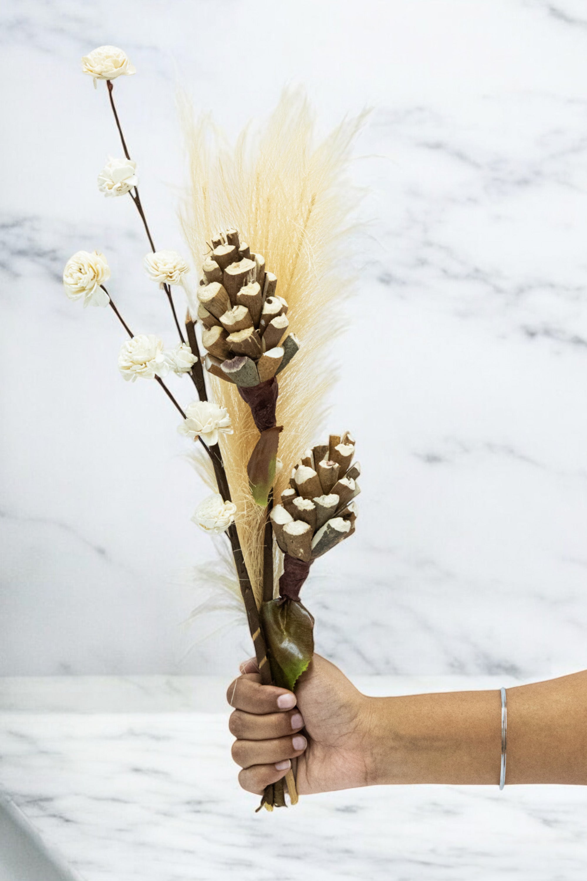 Elegant White Rose, Faux Pampas Grass &amp; Pinecones Artificial Flower Bunches