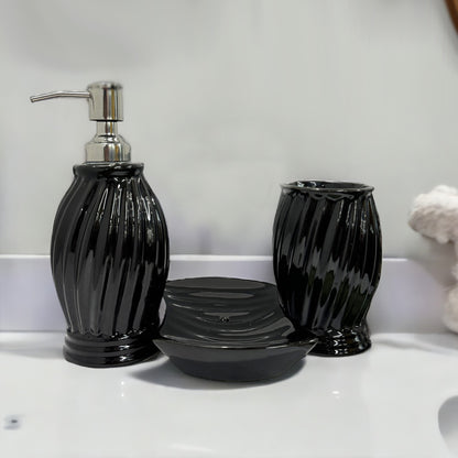 Modern Black Ceramic Bath Set with Liquid handwash Soap Dispenser, Toothbrush Holder and Soap Dish Tray - Set of 3