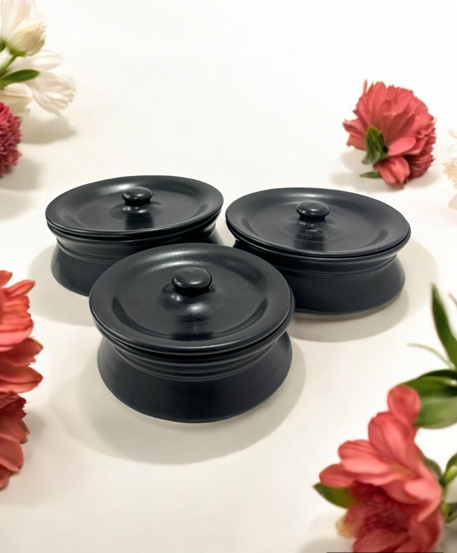 Black Ceramic Handi with Lid-Set of 3