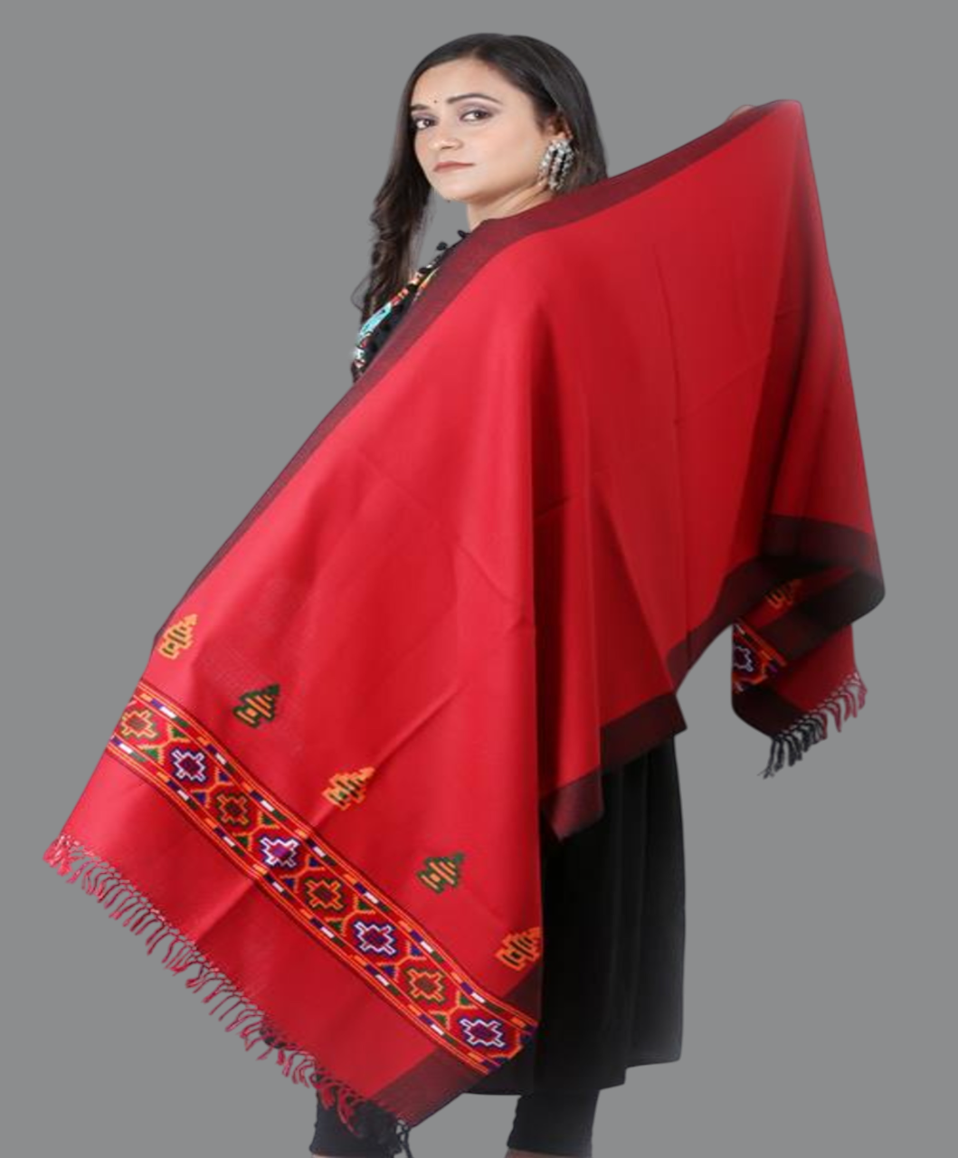 Traditional Kullu Striped Design Woollen Red Stole