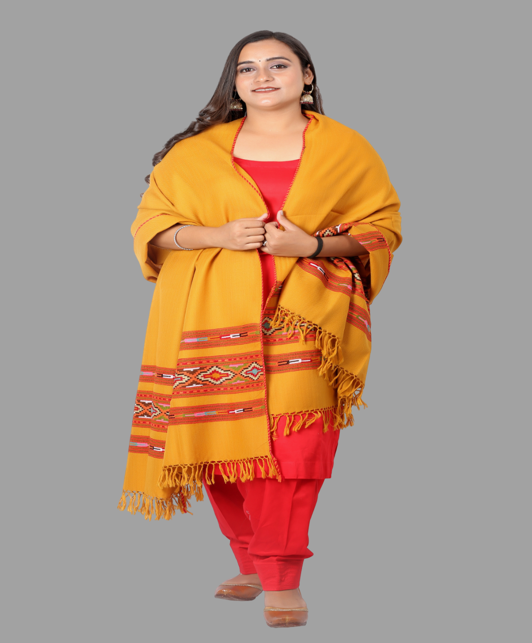 Handcrafted Kullu Pure Wool Yellow Shawl with 3-Stripe Cashmilone Design