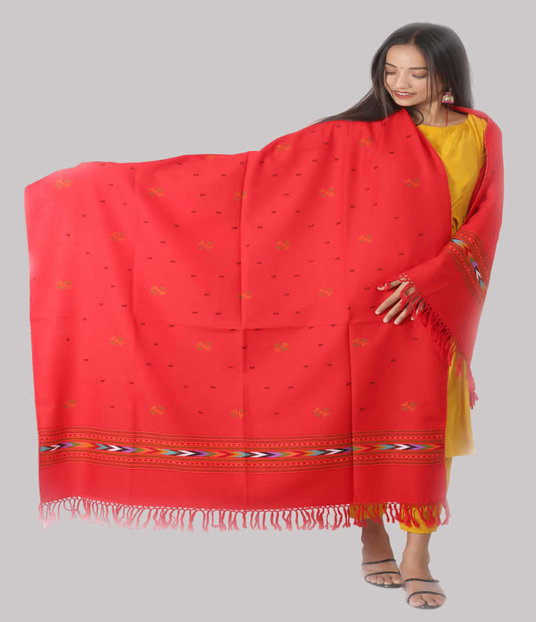 Traditional Handwoven Pure Woollen Kullu Design Red Shawl