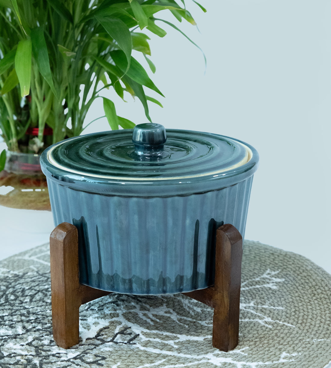 Ceramic Green Kitchen Bowl with Wooden Stand