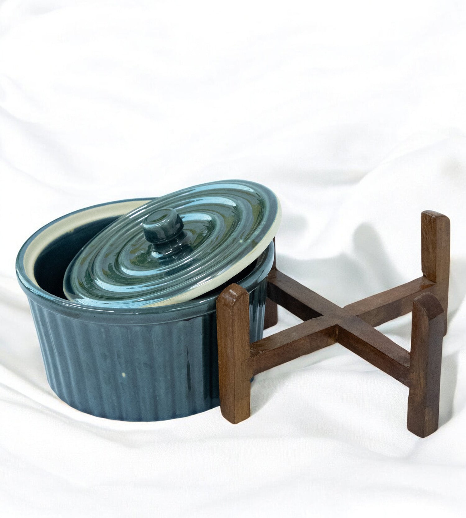 Ceramic Green Kitchen Bowl with Wooden Stand