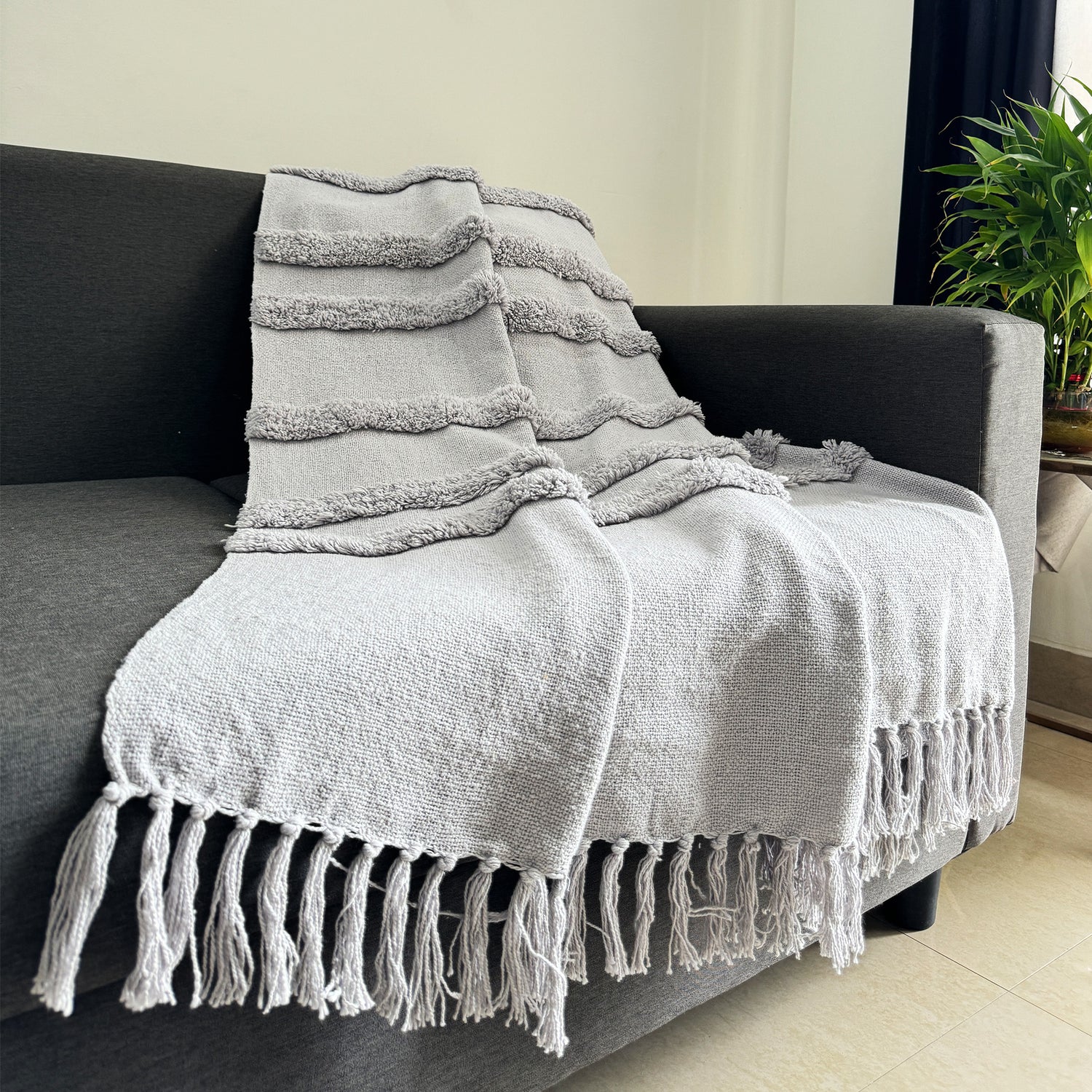 Grey Cotton Tufted Throw for Sofa and Couch