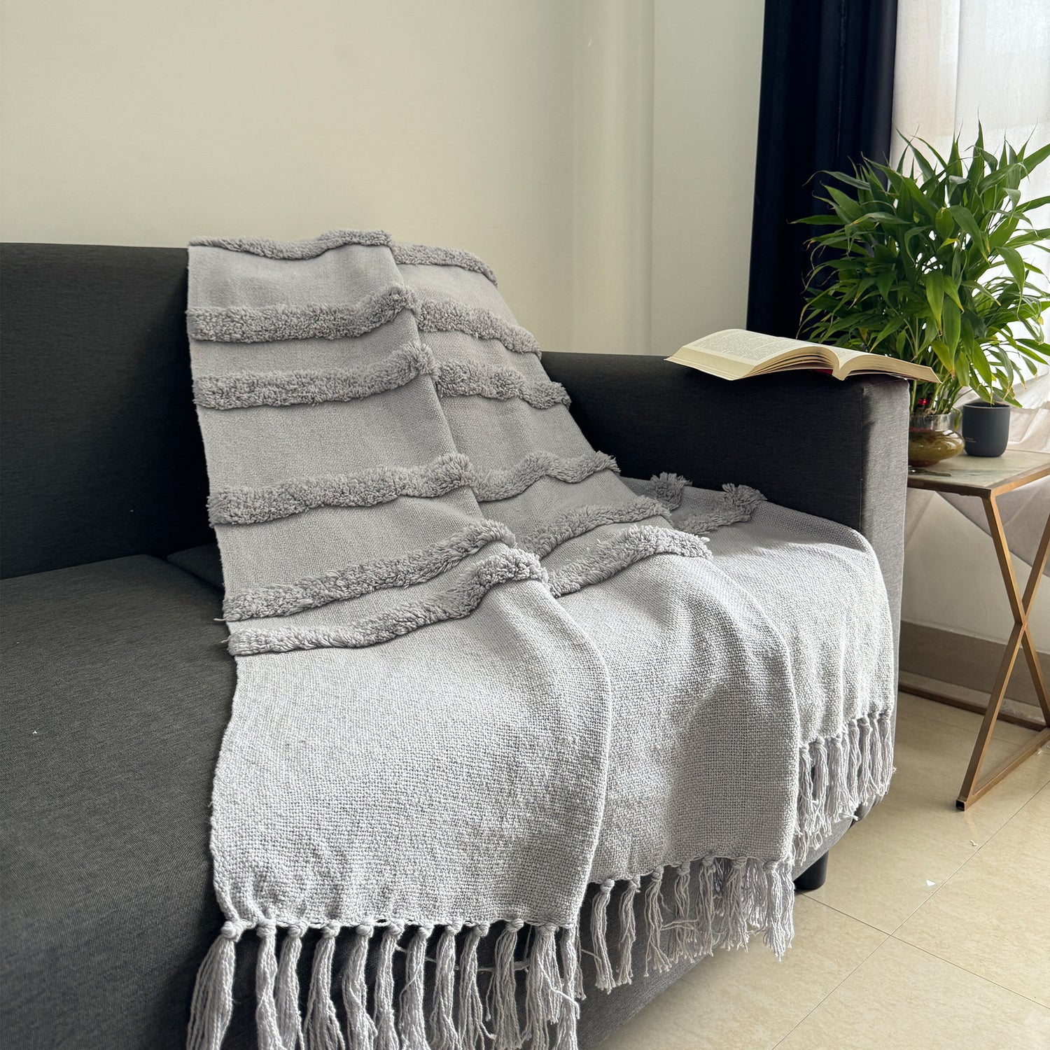 Grey Cotton Tufted Throw for Sofa and Couch