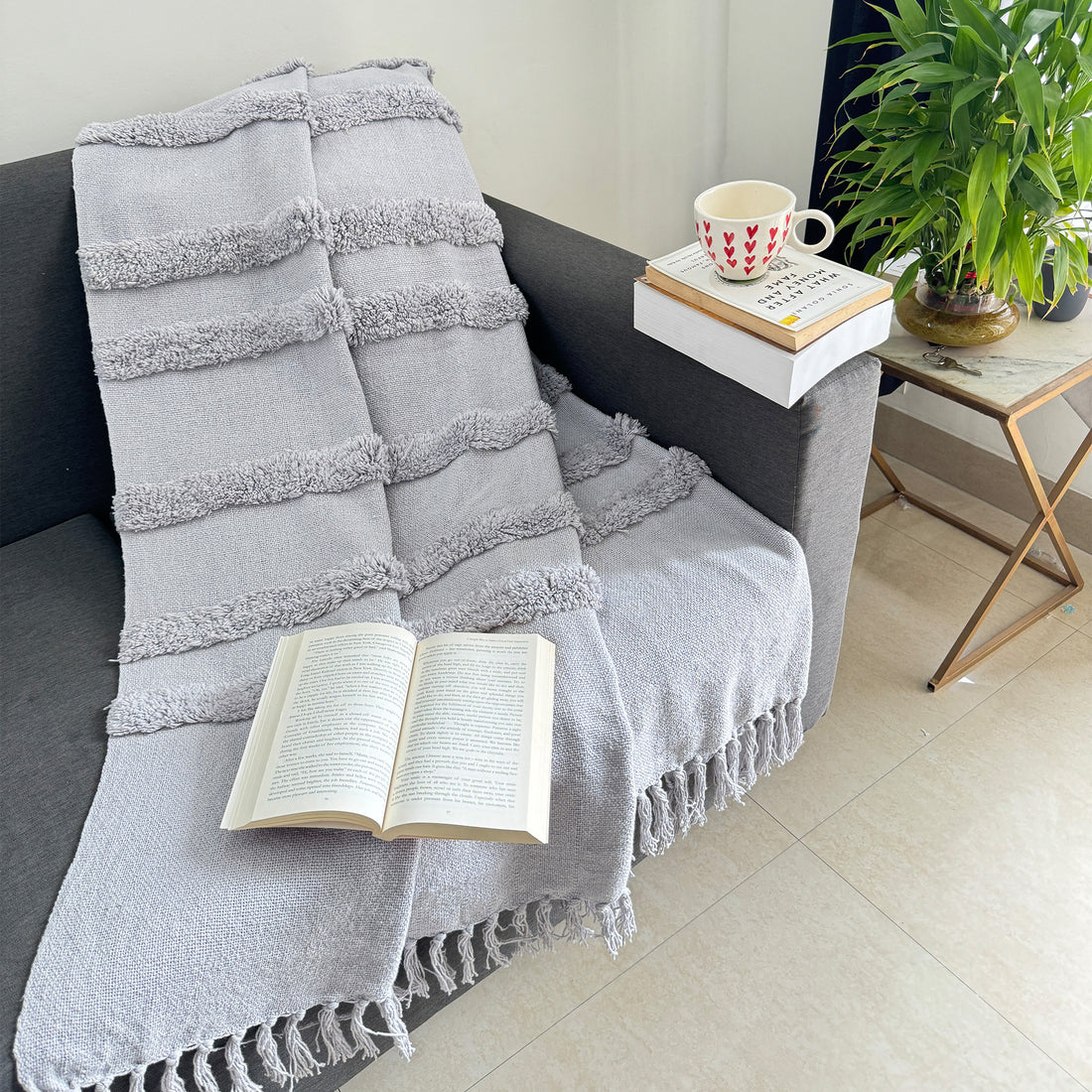 Grey Cotton Tufted Throw for Sofa and Couch