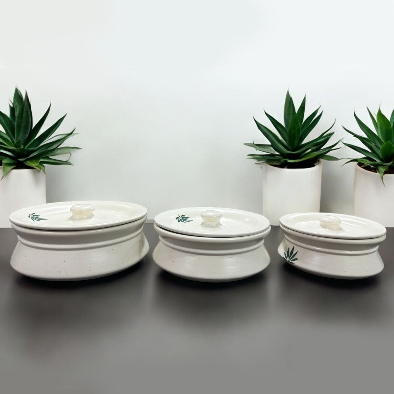 White Ceramic Handi with Lid-Set of 3