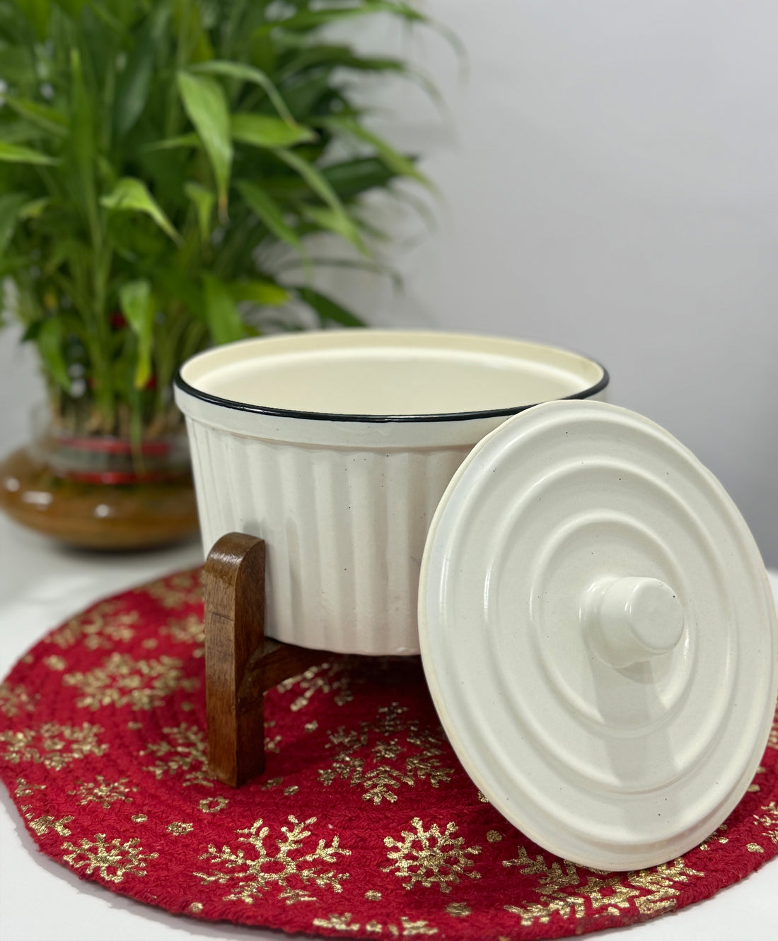 Ceramic White Kitchen Bowl with Wooden Stand, Perfect for Roasting, Serving, Baking, Cooking