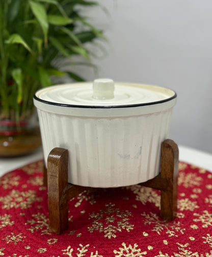 Ceramic White Kitchen Bowl with Wooden Stand, Perfect for Roasting, Serving, Baking, Cooking