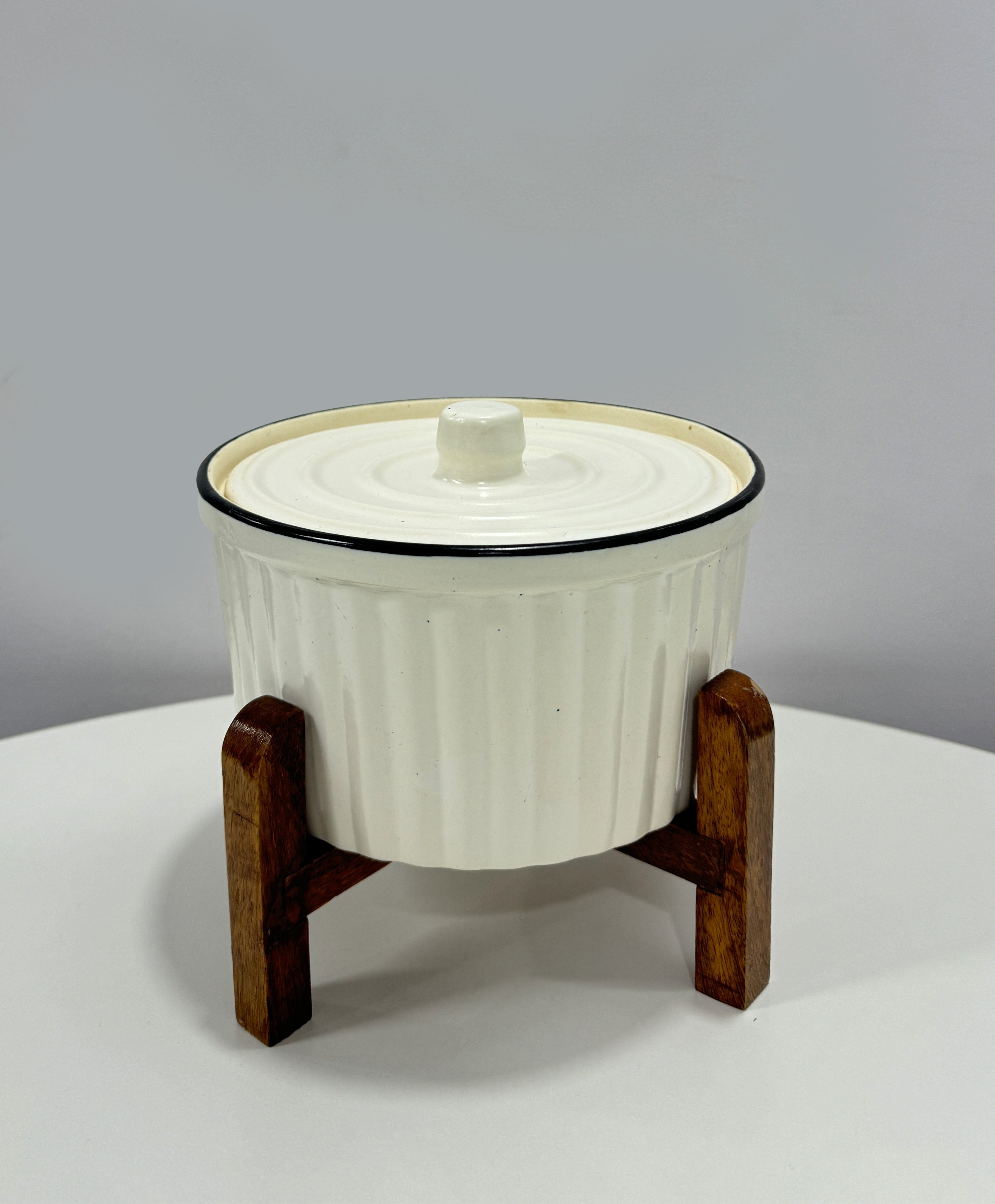 Ceramic White Kitchen Bowl with Wooden Stand, Perfect for Roasting, Serving, Baking, Cooking