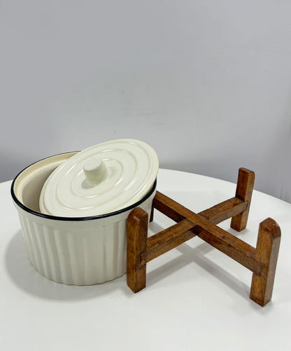 Ceramic White Kitchen Bowl with Wooden Stand, Perfect for Roasting, Serving, Baking, Cooking