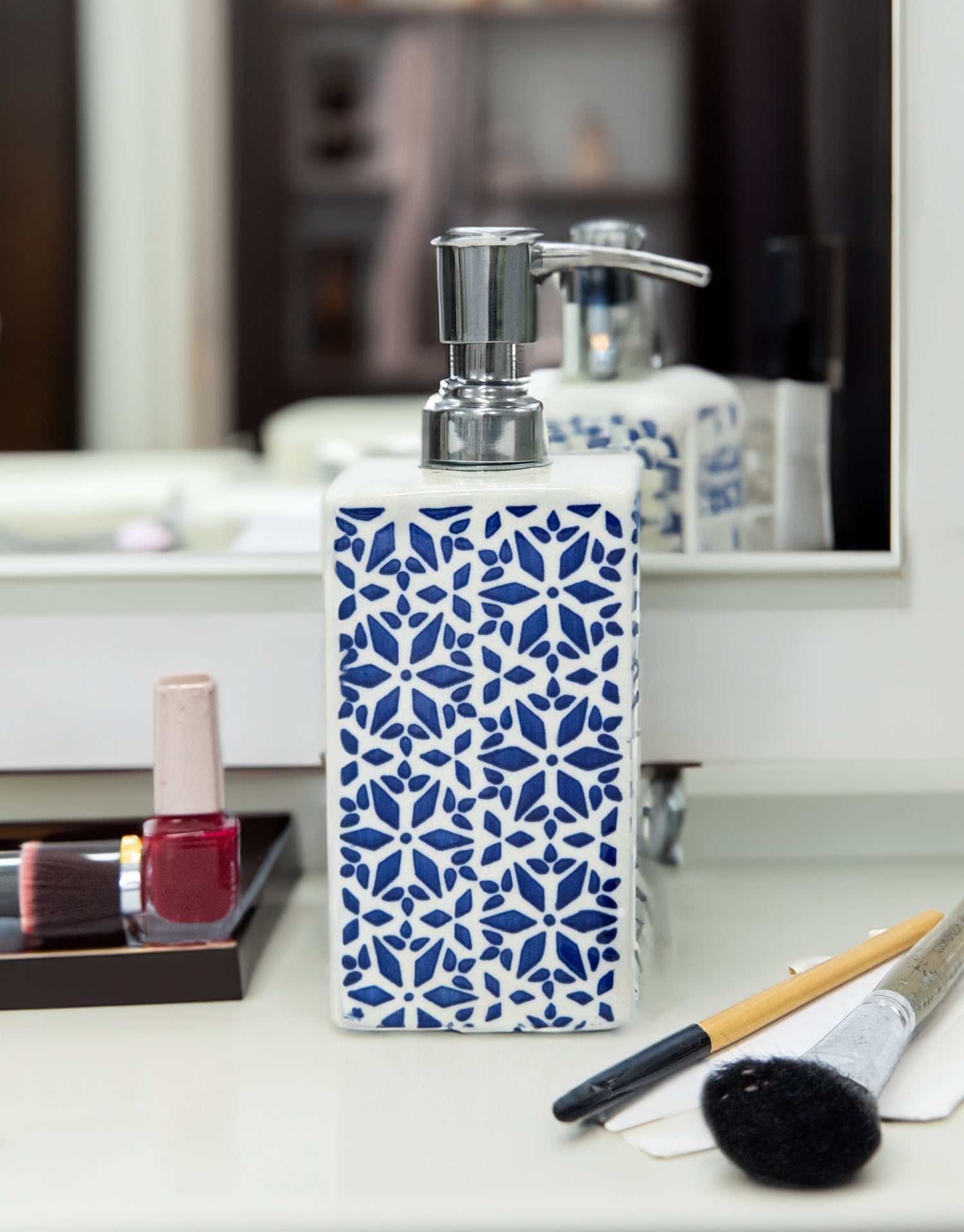 Refillable Blue Ceramic Hand Soap Dispenser with Pump