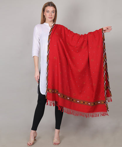 Traditional Handloom Kingri Jala Kullu Red Shawl – Pure Wool with Classic Border