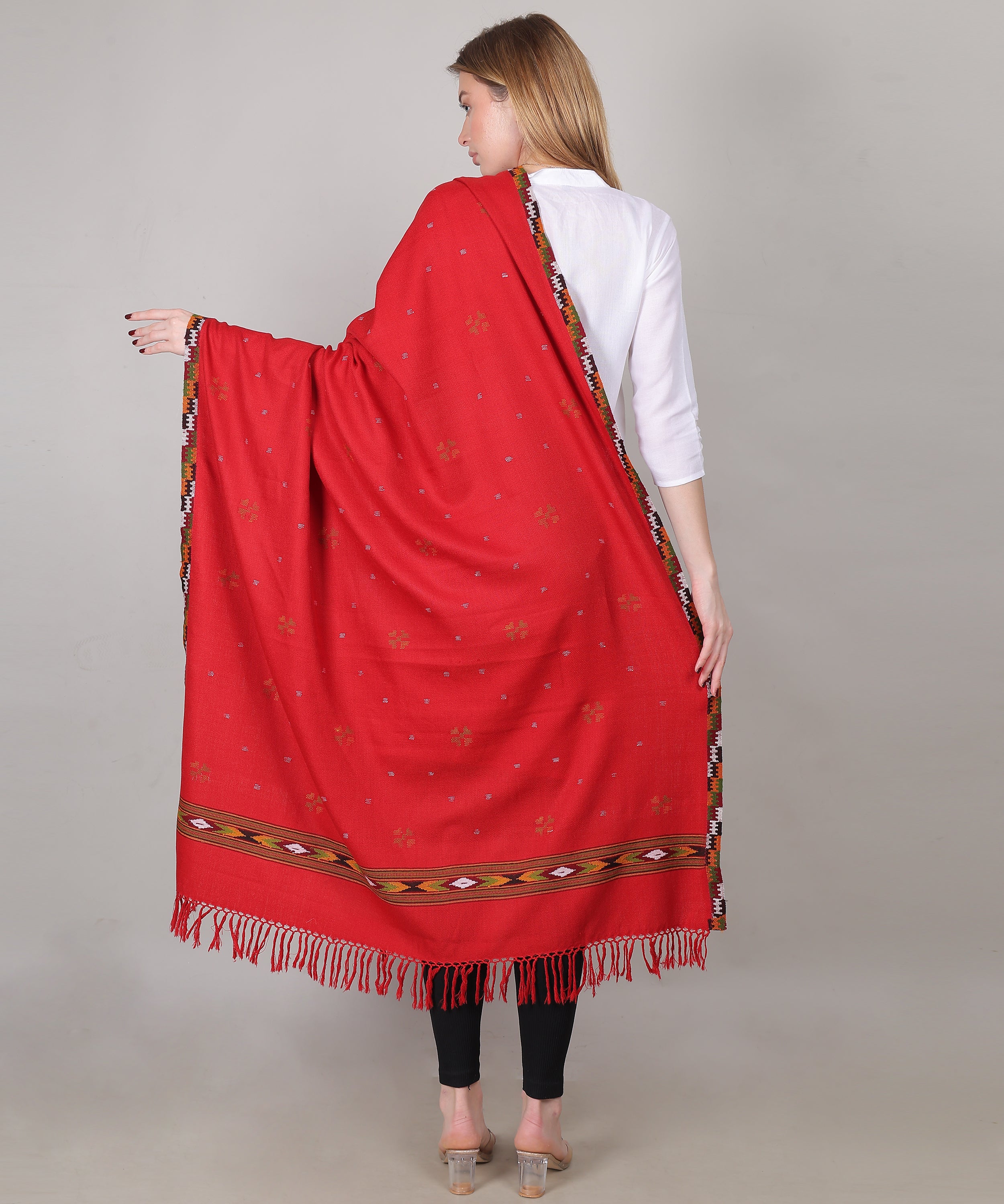 Traditional Handloom Kingri Jala Kullu Red Shawl – Pure Wool with Classic Border