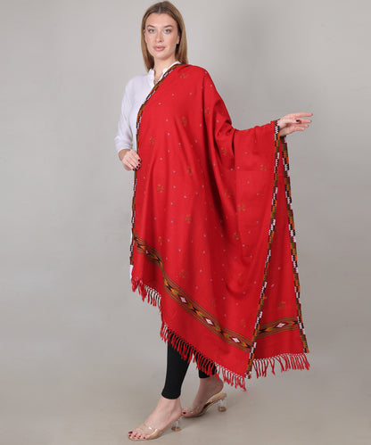 Traditional Handloom Kingri Jala Kullu Red Shawl – Pure Wool with Classic Border