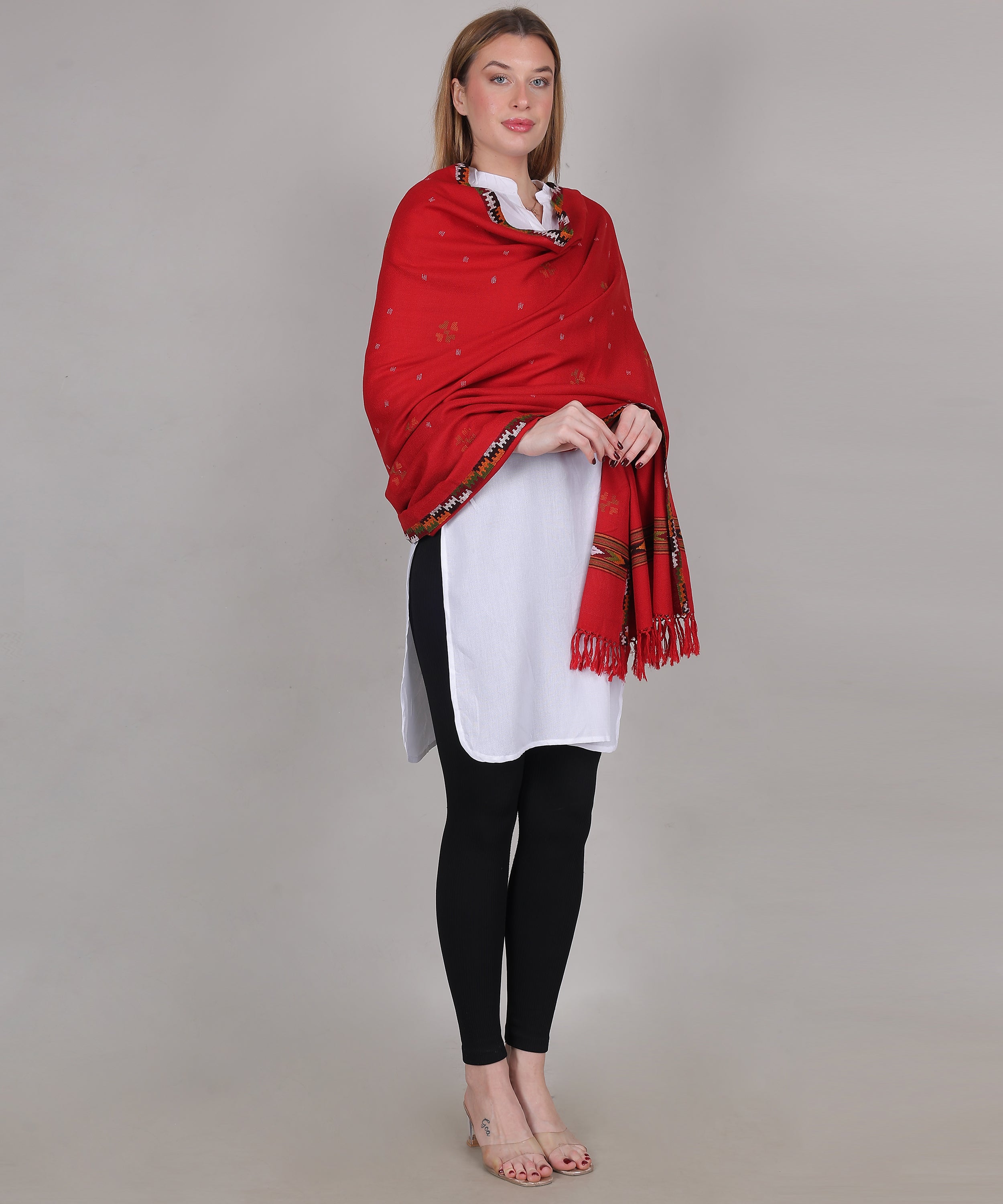 Traditional Handloom Kingri Jala Kullu Red Shawl – Pure Wool with Classic Border