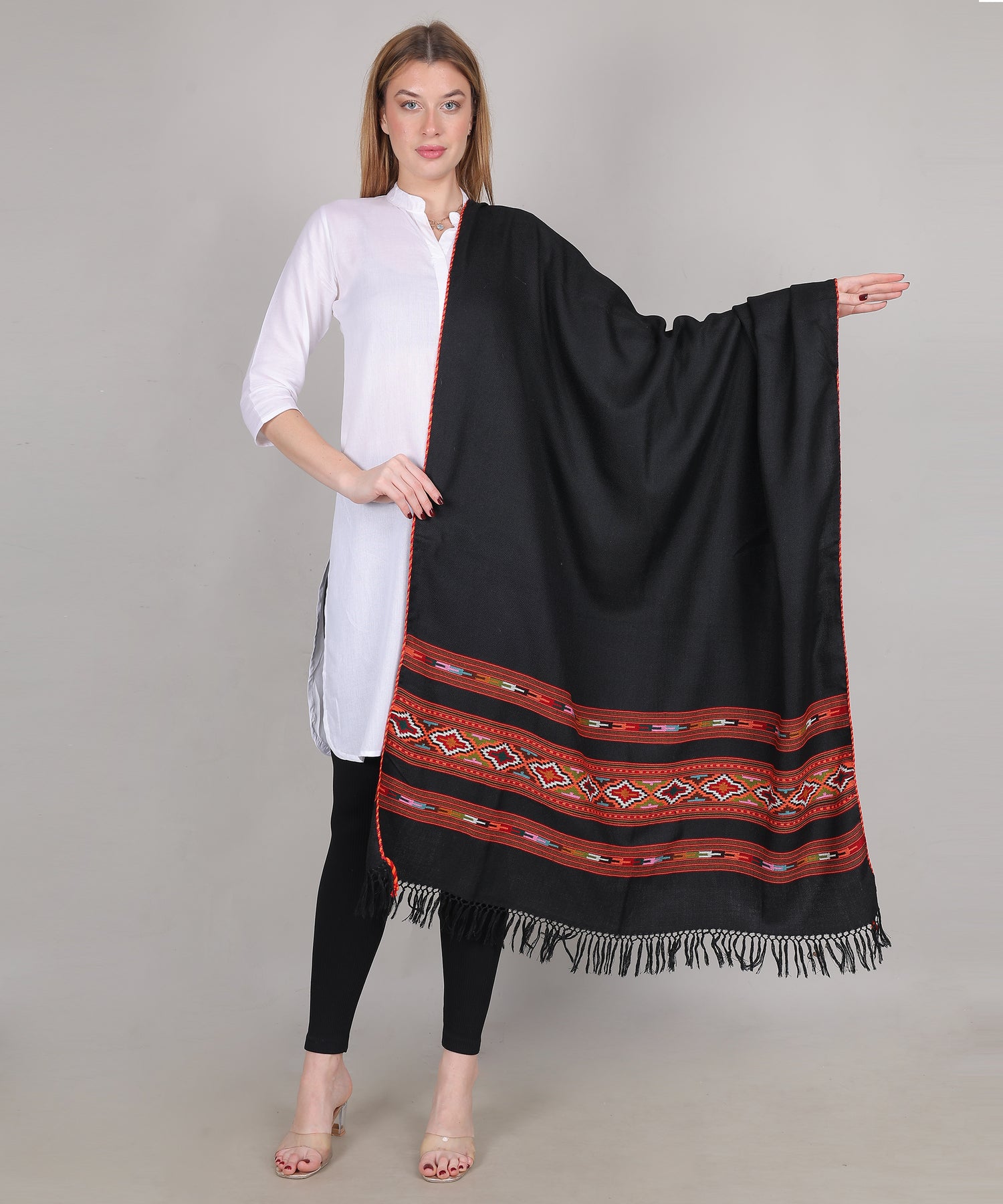 Pure Woollen Gulab Pastel Floral Black Shawl – Handwoven Vintage Kullu Craft