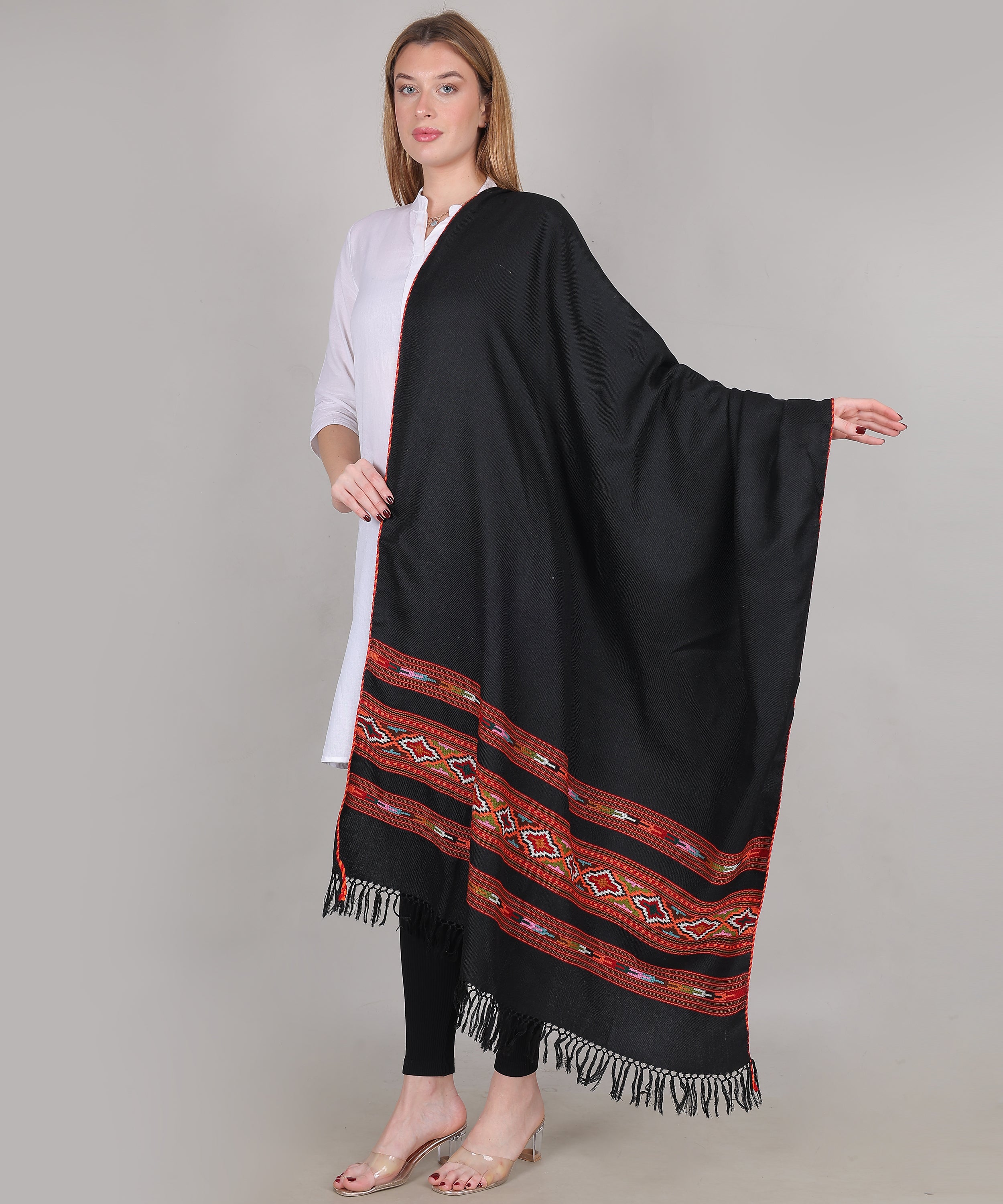 Pure Woollen Gulab Pastel Floral Black Shawl – Handwoven Vintage Kullu Craft